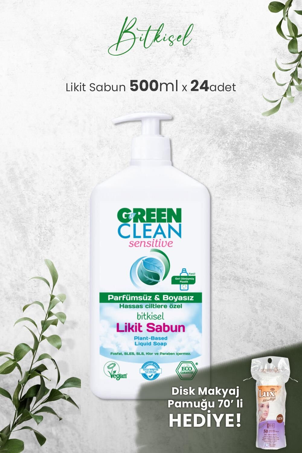 U Green Clean Organik Kokusuz Likit Sensitive Sabun 500 ML x 24 Adet ve Hediyeli
