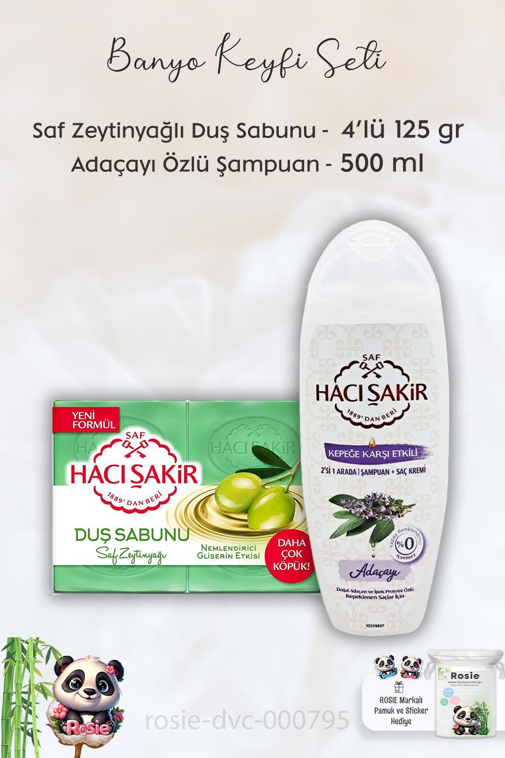 Hacı Şakir Doğal Saf Geleneksel Beyaz Sabun 4 x 200 gr, Adaçayı Şampuan 500 ml ve ROSIE