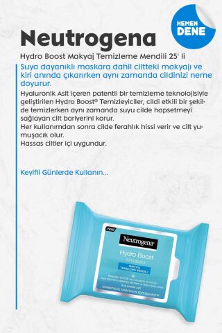 Neutrogena Hydro Boost Makyaj Temizleme Mendili 25' li