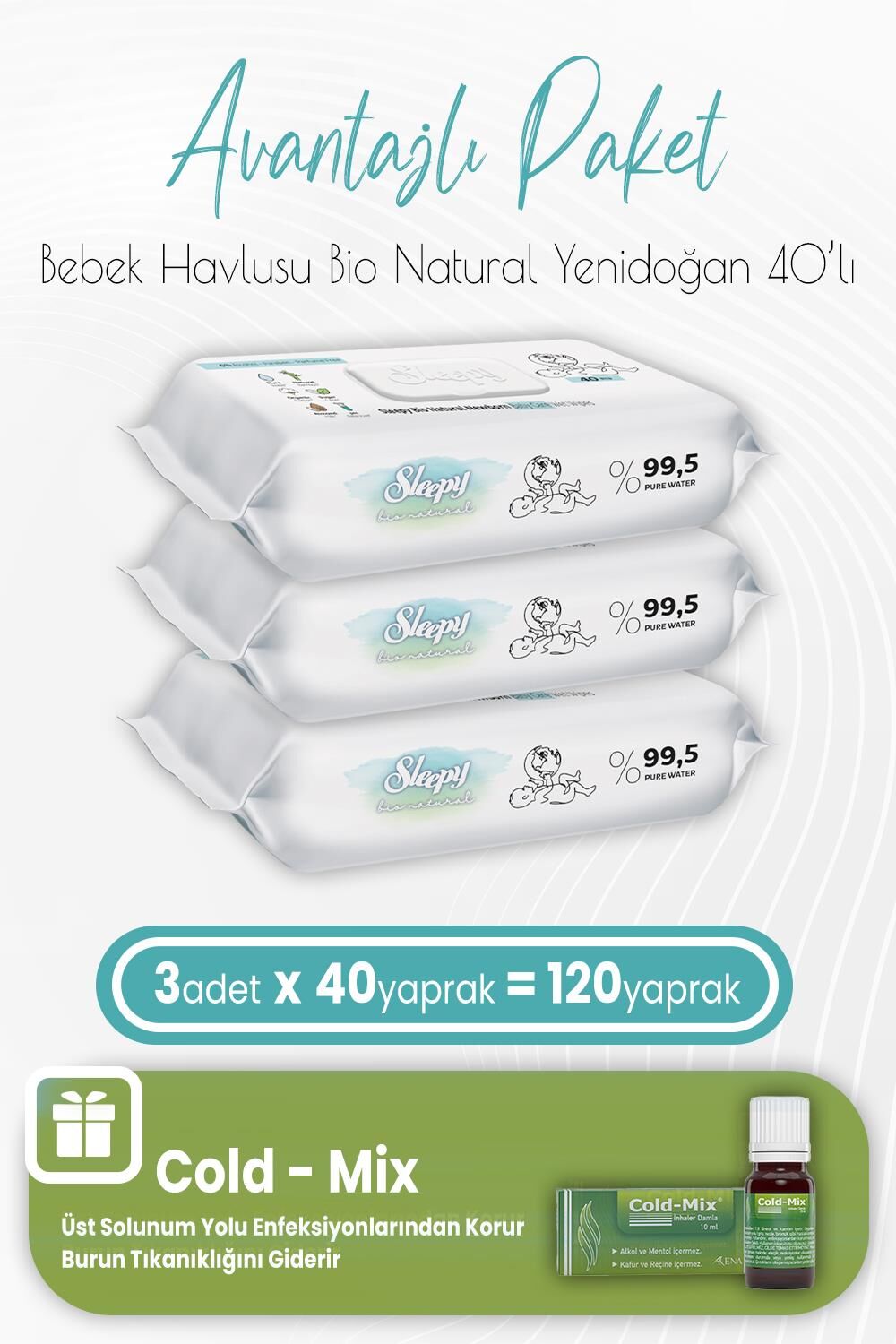 Sleepy Bio Natural Yenidoğan Islak Havlu 40 x 3 (120 Yaprak) ve İnhaler Damla (Yeşil)