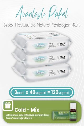 Sleepy Bio Natural Yenidoğan Islak Havlu 40 x 3 (120 Yaprak) ve İnhaler Damla (Yeşil)