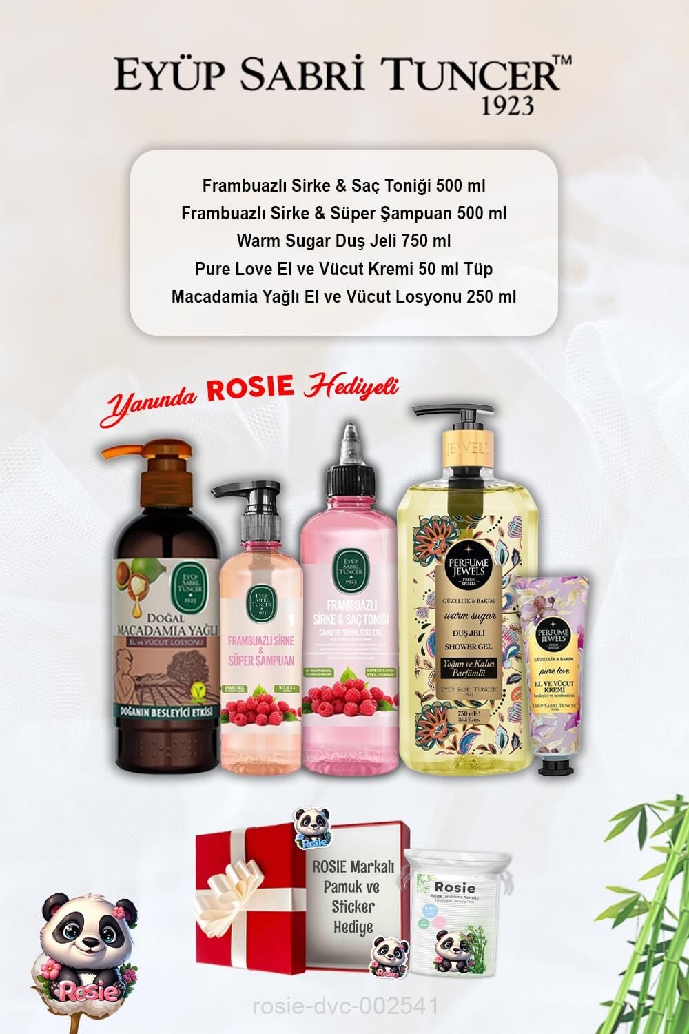 Warm Sugar Duş Jeli, Pure Love Krem, Macadamia Losyon, Frambuazlı Tonik ve Şampuan ve Rosie