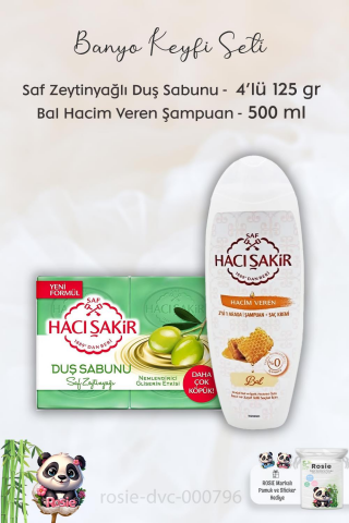 Hacı Şakir Doğal Saf Geleneksel Beyaz Sabun 4 x 200 gr, Ballı  Şampuan 500 ml ve ROSIE