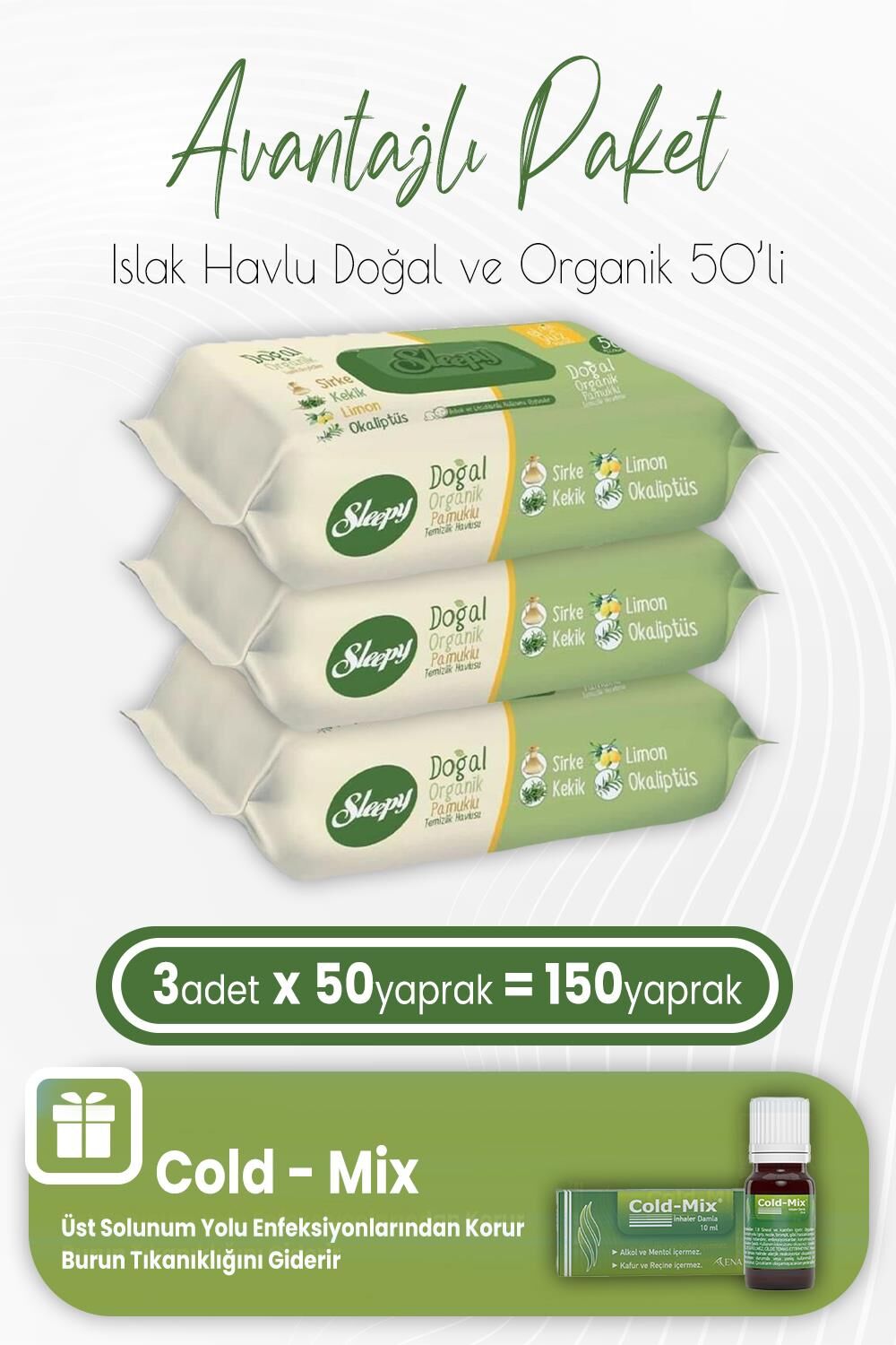 Sleepy Doğal ve Organik Islak Mendil 50 x 3 (150 Yaprak) ve İnhaler Damla (Yeşil)