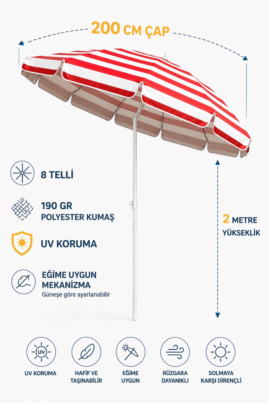 8 Telli 200 Cm Plaj Bahçe Balkon Şemsiyesi, Eğilebilen Şemsiye Bidon Hariç