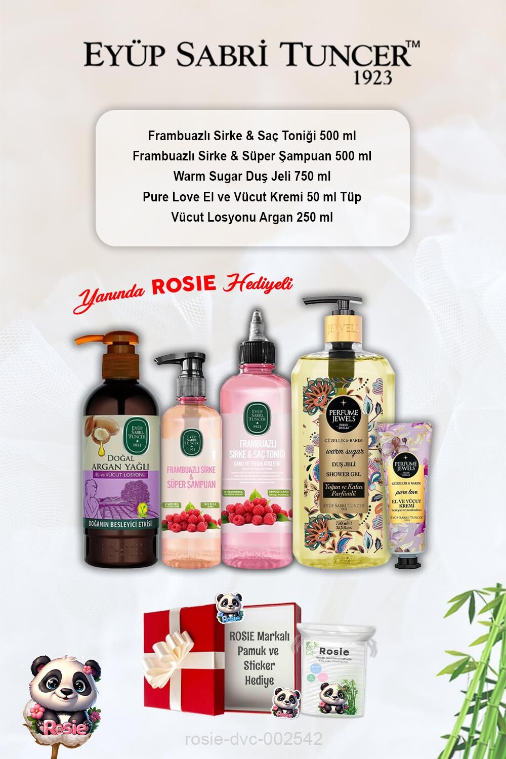 Pure Love Krem, Warm Sugar Duş Jeli, Argan Losyon, Frambuazlı Tonik ve Şampuan ve Rosie