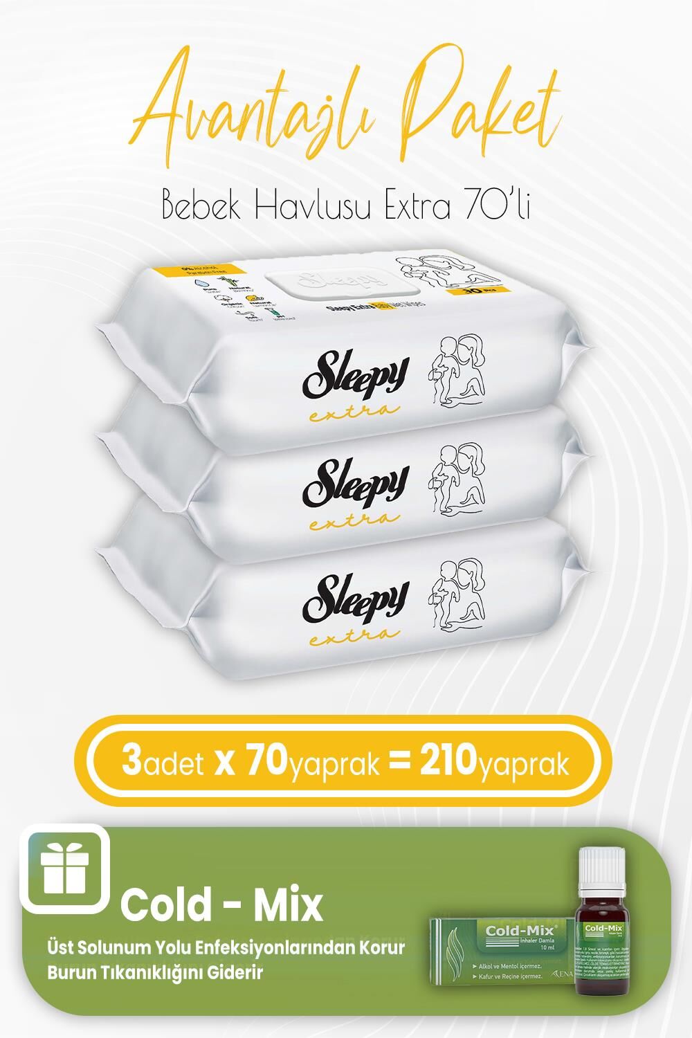 Sleepy Extra Islak Bebek Mendil 70 x 3 (210 Yaprak) ve İnhaler Damla (Yeşil)