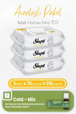 Sleepy Extra Islak Bebek Mendil 70 x 3 (210 Yaprak) ve İnhaler Damla (Yeşil)