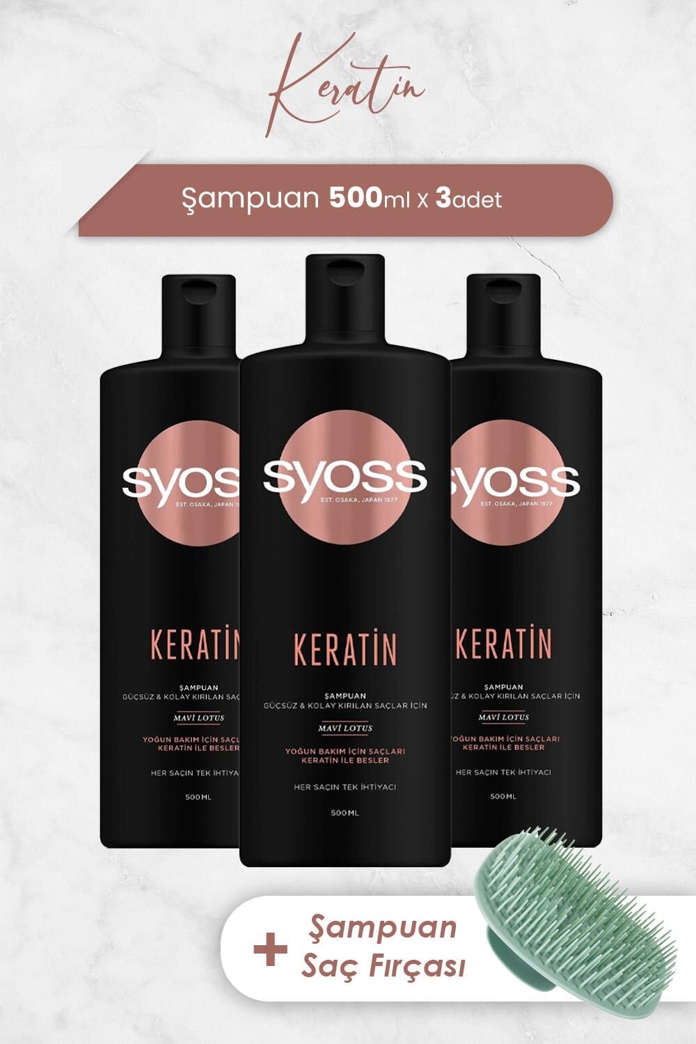 Syoss Şampuan Keratin Mükemmeliği 500 ML x 3 Adet ve Şampuan Fırçası