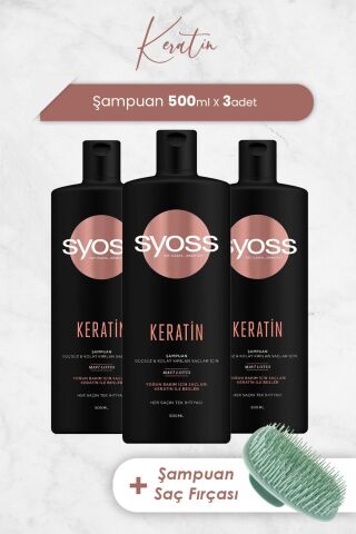 Syoss Şampuan Keratin Mükemmeliği 500 ML x 3 Adet ve Şampuan Fırçası