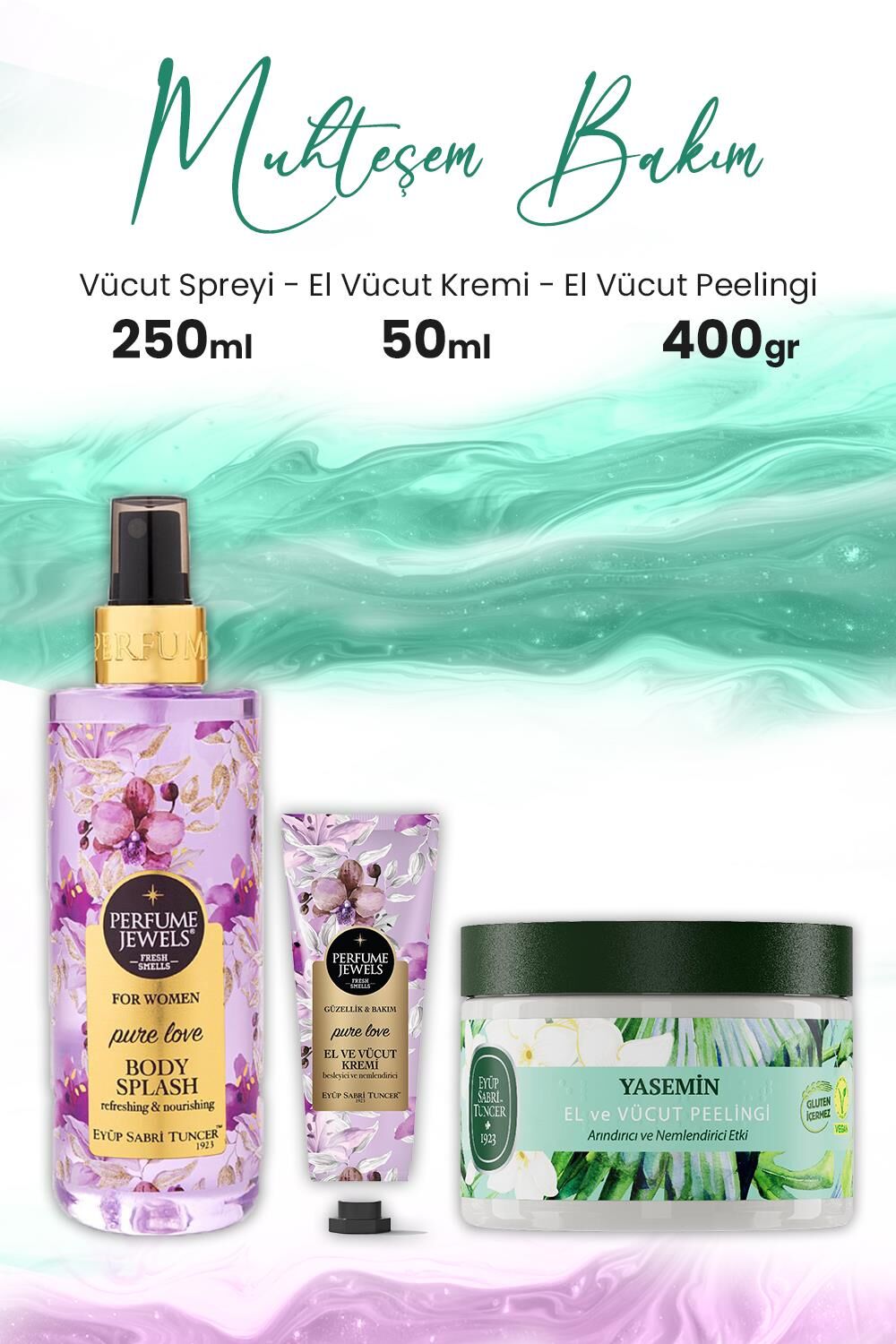 Eyüp Sabri Tuncer Peeling Yasemin 400 gr, Pure Love El Kremi 50 ml, Body Splash 250 ml