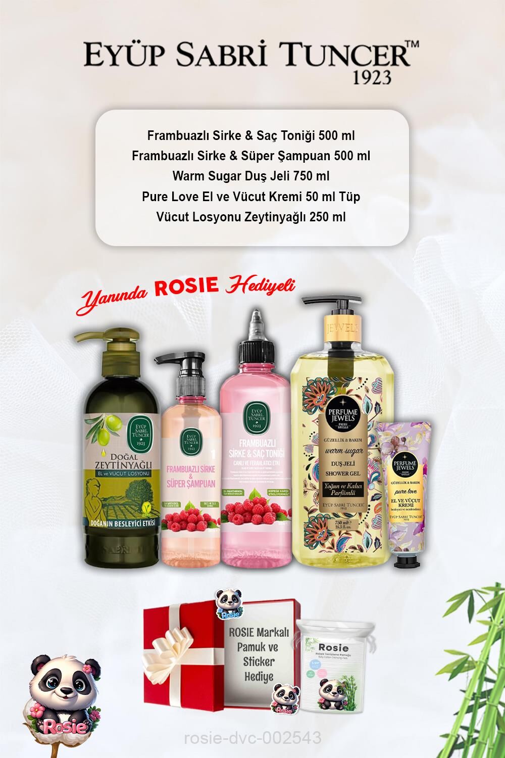 Tonik ve Şampuan Frambuazlı, Pure Love Krem, Warm Sugar Duş Jeli, Zeytinyağlı Losyon ve Rosie