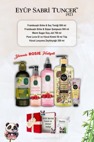 Tonik ve Şampuan Frambuazlı, Pure Love Krem, Warm Sugar Duş Jeli, Zeytinyağlı Losyon ve Rosie