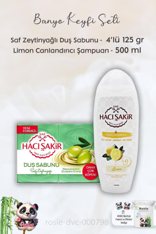 Hacı Şakir Saf Zeytinyağlı Gliserinli Duş Sabunu 4 x 125 gr, Limonlu Şampuan 500 ml ve ROSIE