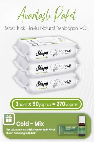 Sleepy Natural Yenidoğan Islak Mendili 90 x 3 (270 Yaprak) ve İnhaler Damla (Yeşil)