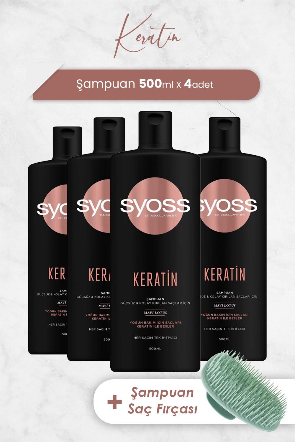Syoss Şampuan Keratin Mükemmeliği 500 ML x 4 Adet ve Şampuan Fırçası