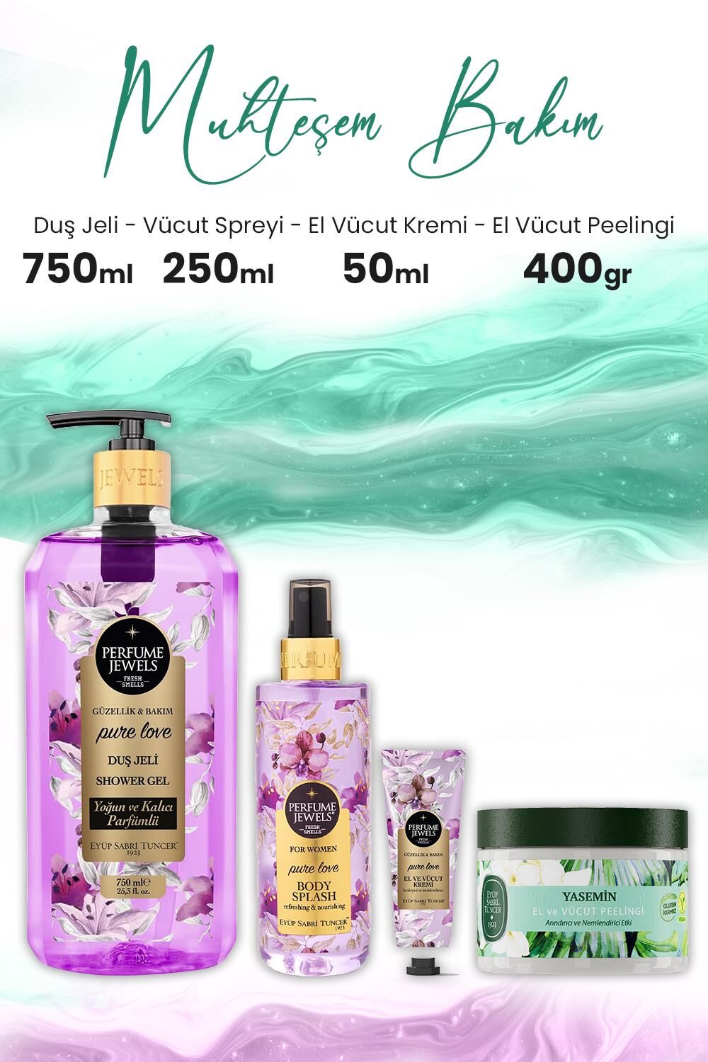 Eyüp Sabri Tuncer Vücut Peeling Yasemin 400 gr, Pure Love El Kremi 50 ml, Duş Jeli 750 ml ve Body Splash 250 ml