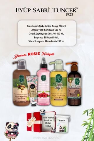 Tonik Frambuaz, Argan Şampuan, Zeytinyağlı Duş Jeli, Empress Krem, Macadamia Losyon ve Rosie