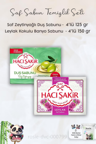 Hacı Şakir Saf Zeytinyağlı Gliserinli Duş Sabunu 4 x 125 gr,  Leylak Kokulu Banyo Sabunu 4 x 150 gr ve ROSIE