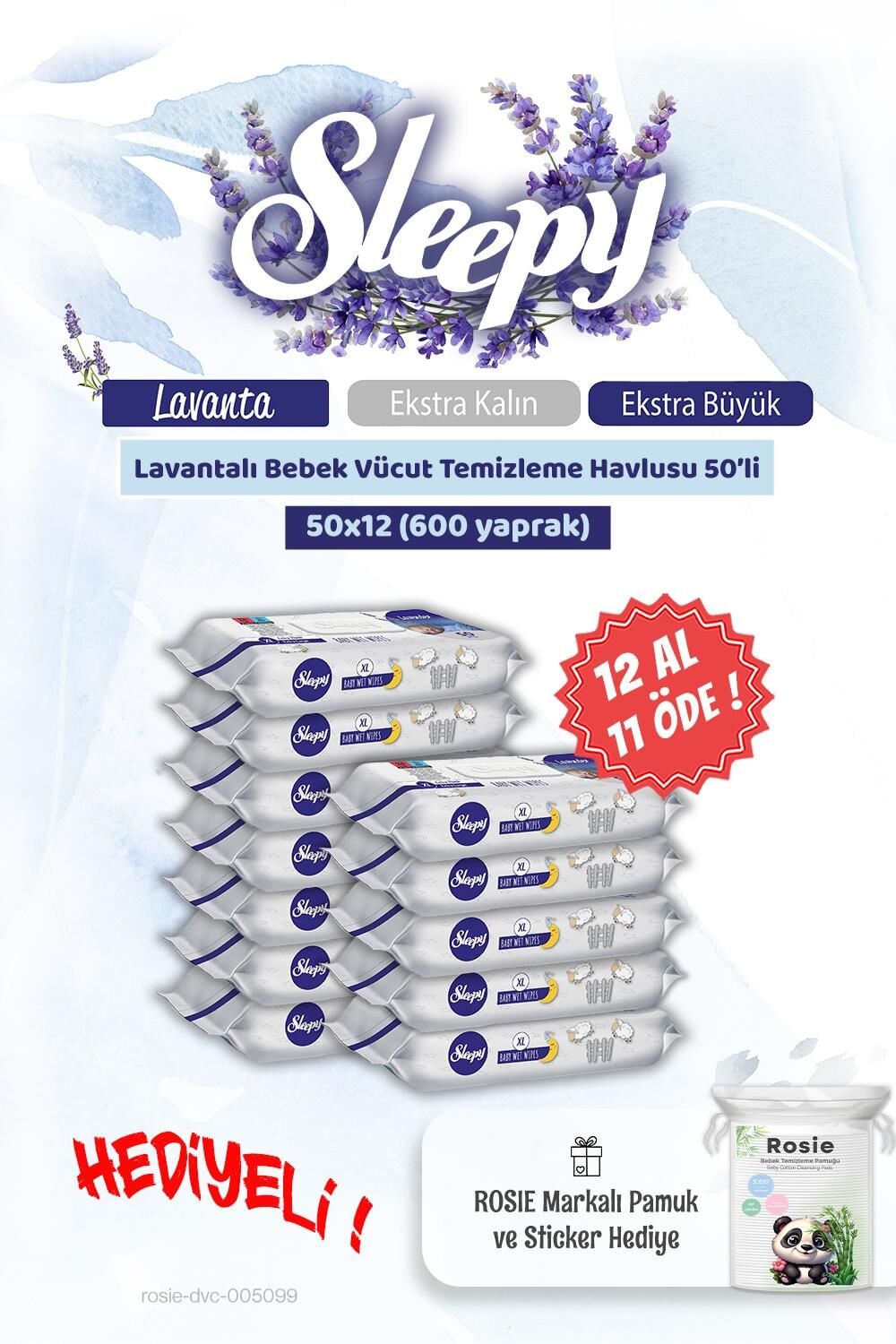 12 AL 11 ÖDE Sleepy Lavantalı Bebek Vücut Temizleme Mendili 50'li  ve Rosie pamuk
