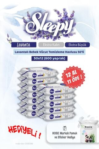 12 AL 11 ÖDE Sleepy Lavantalı Bebek Vücut Temizleme Mendili 50'li  ve Rosie pamuk