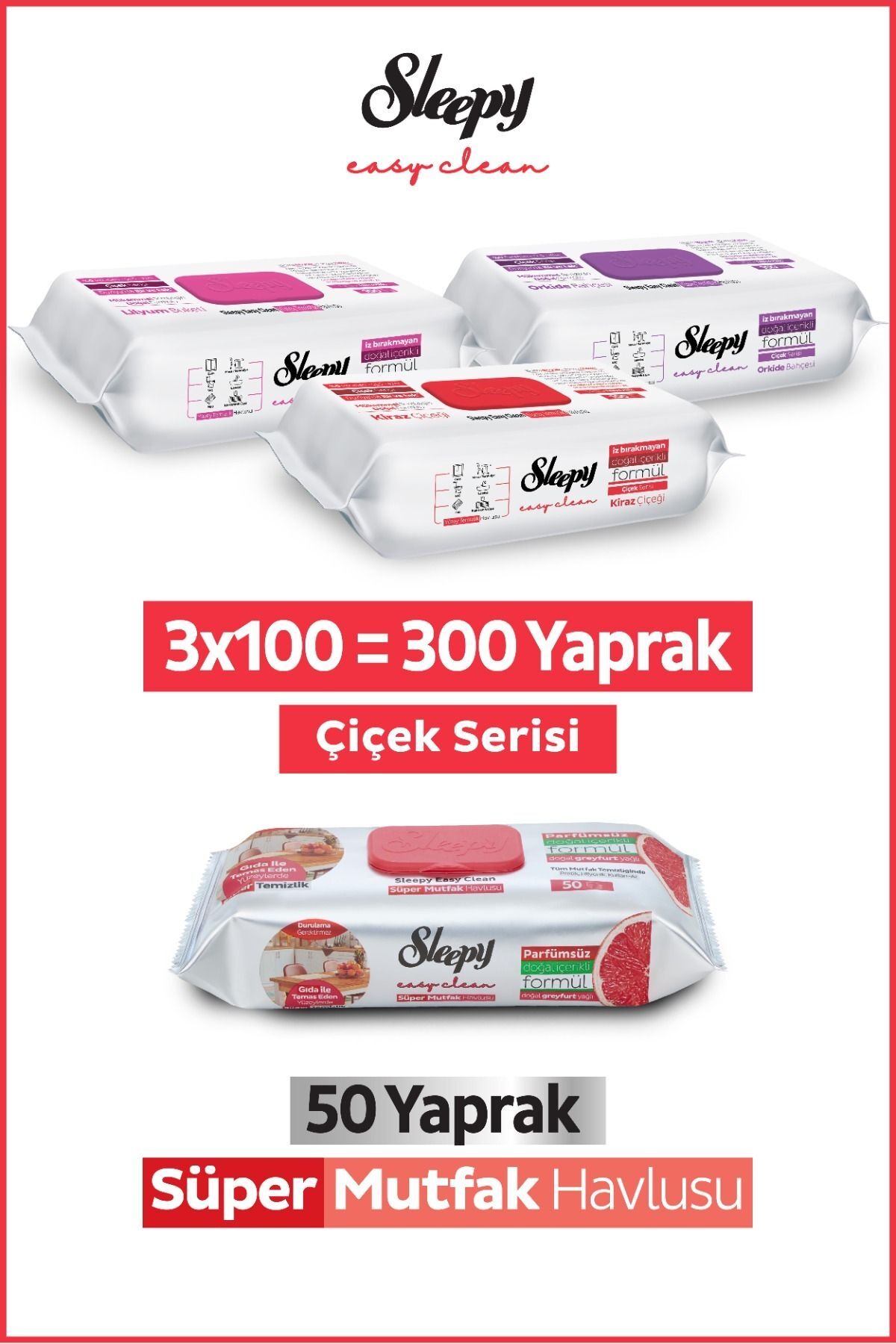 Sleepy Easy Clean Çiçek Serisi&Greyfurt Yağlı Süper Mutfak Yüzey Temizlik Havlusu&Mendili(3x100+50)
