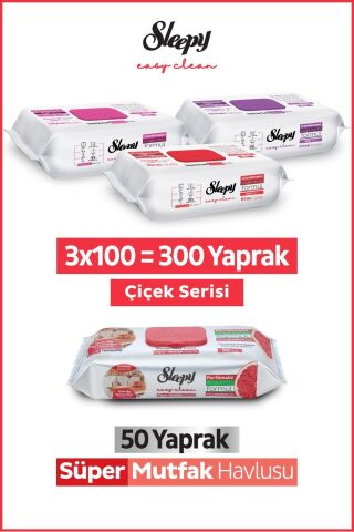 Sleepy Easy Clean Çiçek Serisi&Greyfurt Yağlı Süper Mutfak Yüzey Temizlik Havlusu&Mendili(3x100+50)