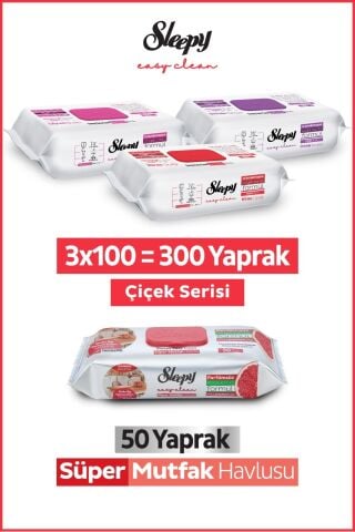 Sleepy Easy Clean Çiçek Serisi&Greyfurt Yağlı Süper Mutfak Yüzey Temizlik Havlusu&Mendili(3x100+50)