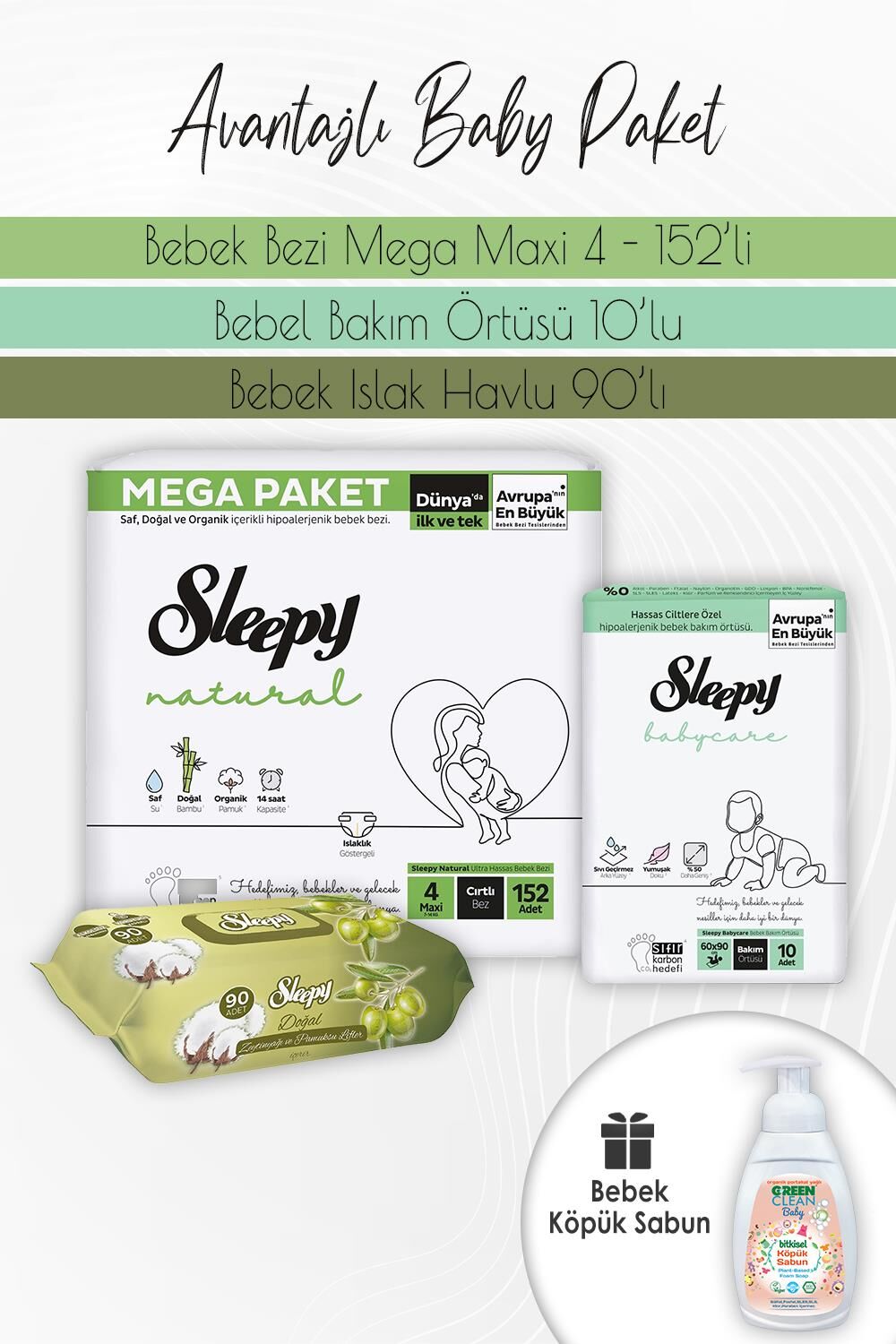 Sleepy Natural Bez 4(7-14kg) 152'li, Bakım Örtüsü 10'lu, Zeytinyağlı Pamuklu 90'lı ve Köpük Sabun Portakal 450 ml