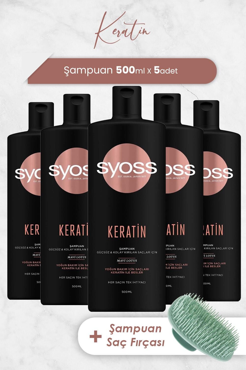 Syoss Şampuan Keratin Mükemmeliği 500 ML x 5 Adet ve Şampuan Fırçası