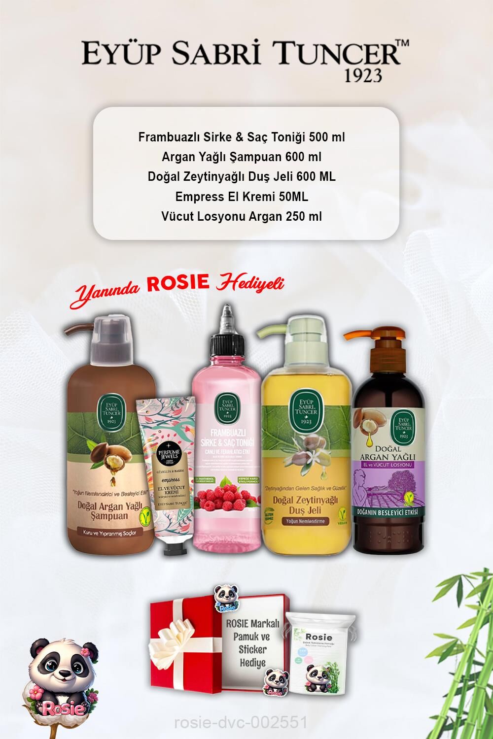 Empress Krem, Tonik Frambuaz, Argan Şampuan ve Losyon , Zeytinyağlı Duş Jeli ve Rosie