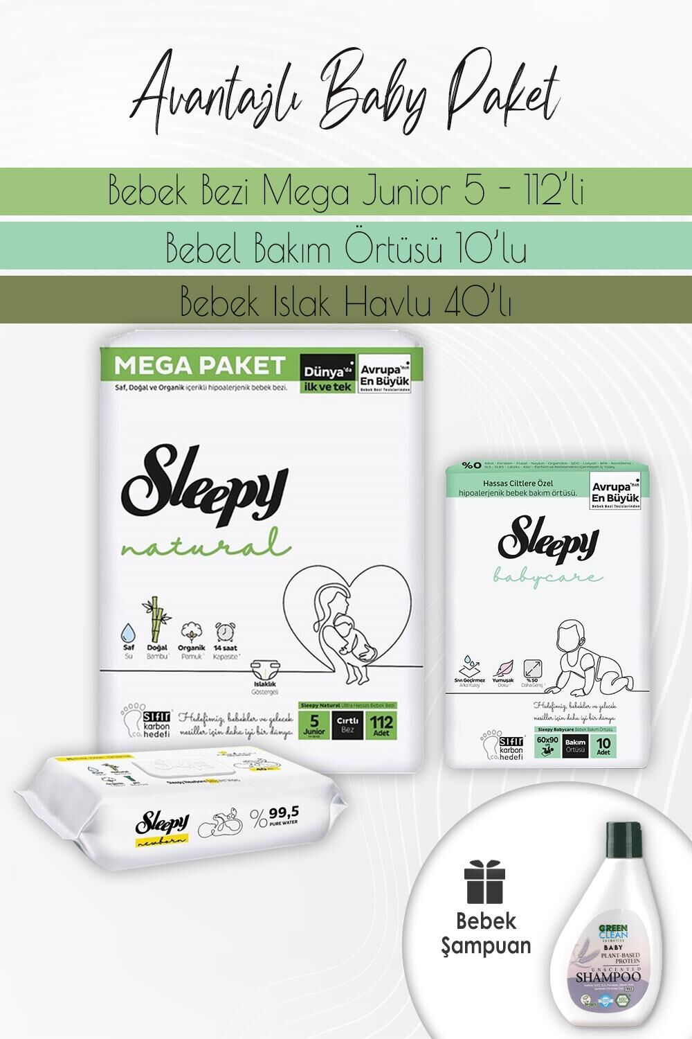 Sleepy Natural Bez 5 (11-18kg) 112, Bakım Örtüsü 10'lu, Yenidoğan Devam 40'lı ve Şampuan 275 ml