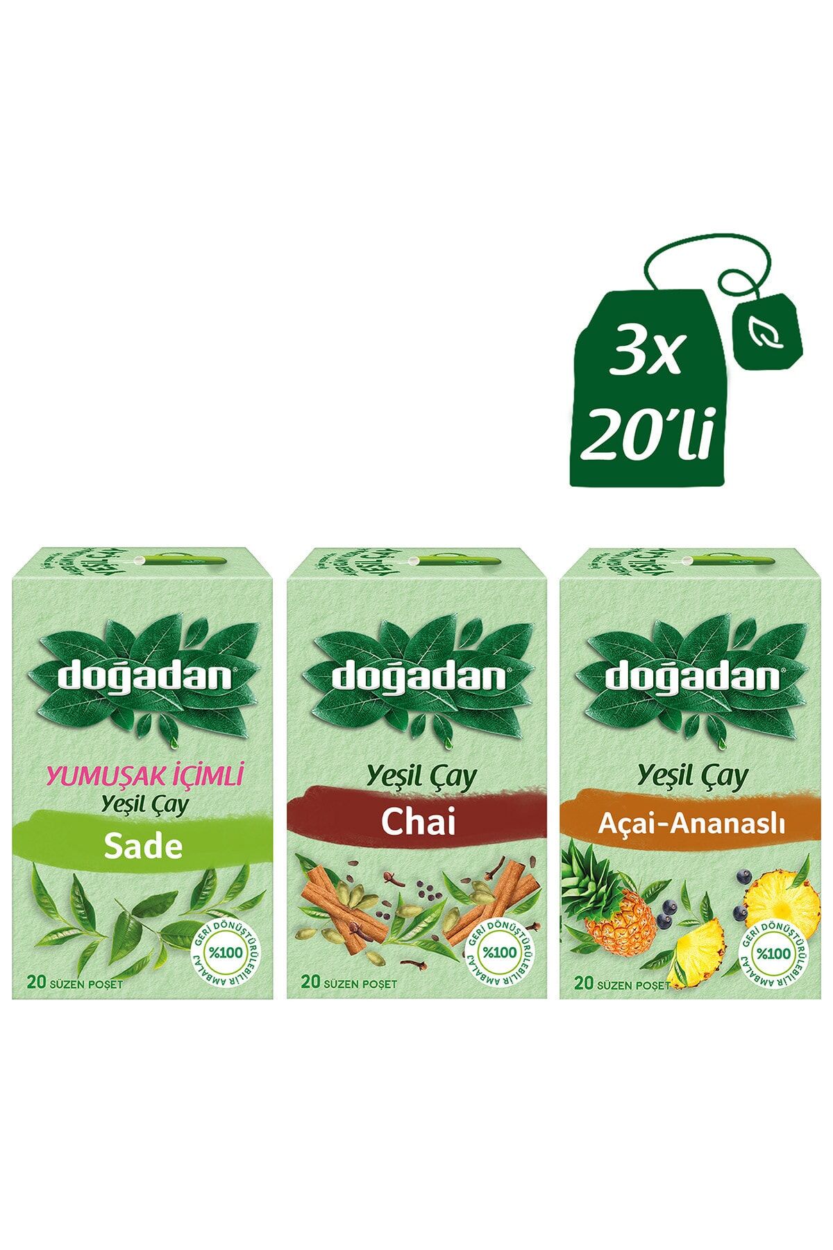 Doğadan Yeşil Çay Yumuşak İçimli, Chai ve Açai Ananaslı 20'li