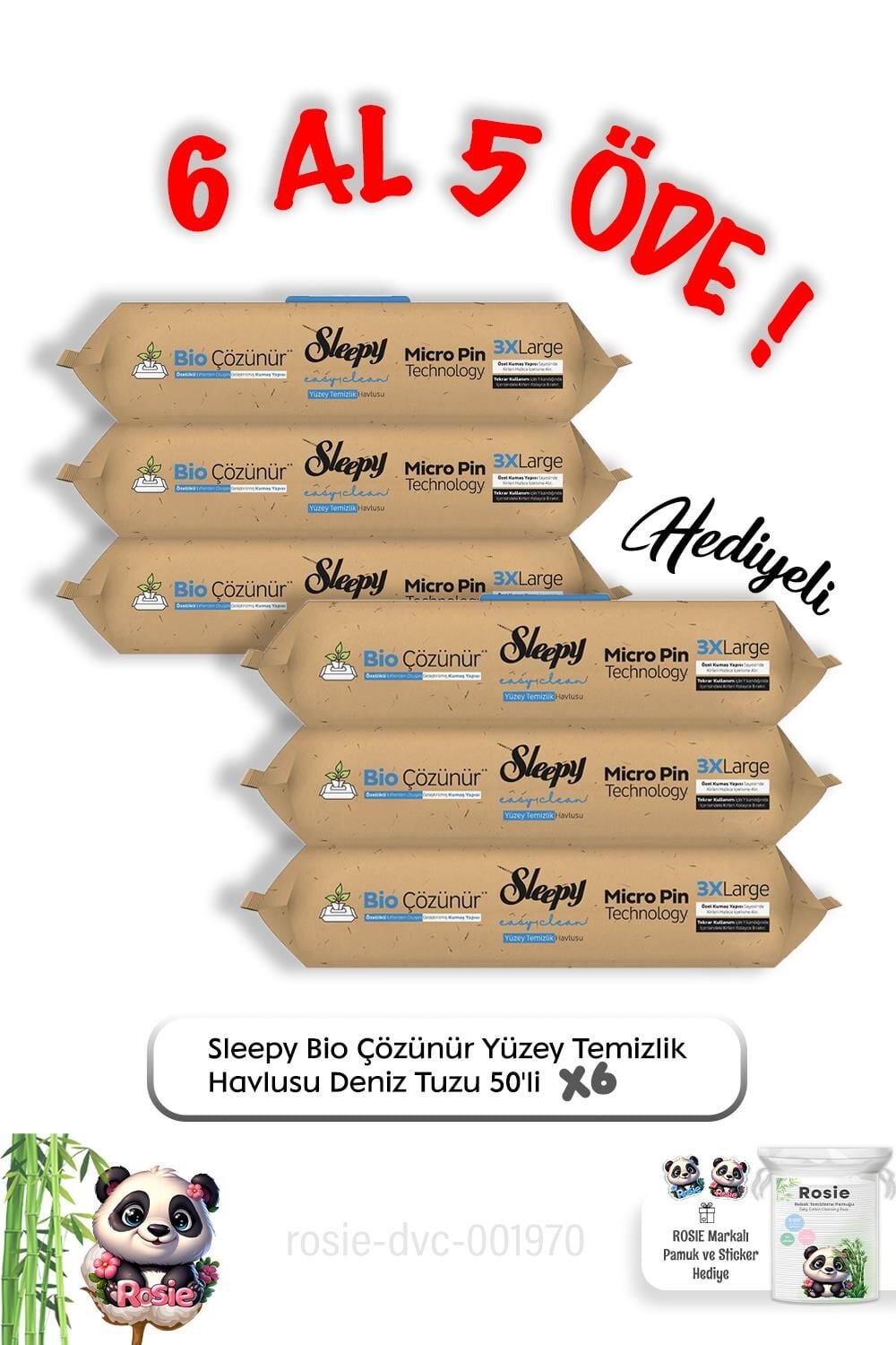 Sleepy Deniz Tuzu 50'li 6 AL 5 ÖDE Bio Çözünür Yüzey Havlusu ve ROSIE