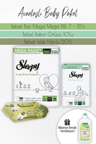 Sleepy Natural Bez 7(20-30kg) 76 Adet, Bakım Örtüsü 10'lu, Zeytinyağlı Pamuklu 50'li ve Biberon Temizleyici