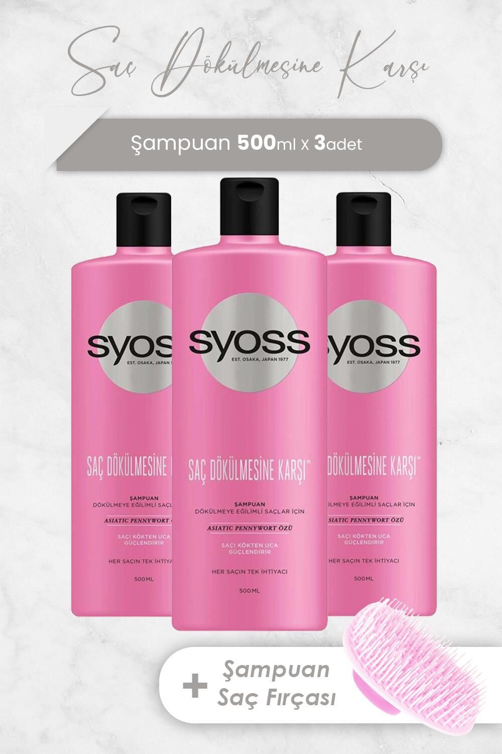 Syoss Şampuan Saç Dökülmesine Karşı 500 ml x 3 Adet ve Şampuan Fırçası
