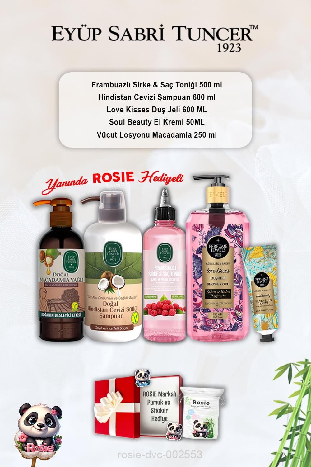 Hindistan Cevizi Şampuan, Love Kisses Duş Jeli, Frambuaz Tonik, Soul Beauty Krem, Macadamia Losyon ve Rosie