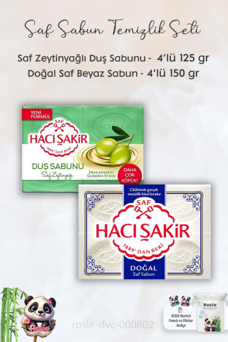 Hacı Şakir Saf Zeytinyağlı Gliserinli Duş Sabunu 4 x 125 gr, Saf Doğal Sabun 4 x 150 gr ve ROSIE