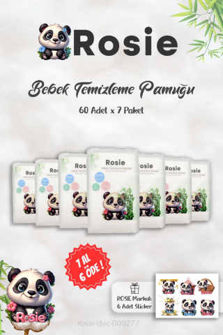 7 AL 6 ÖDE ROSIE %100 Doğal Bebek Temizleme Pamuğu 60'lı  ve ROSIE Sticker
