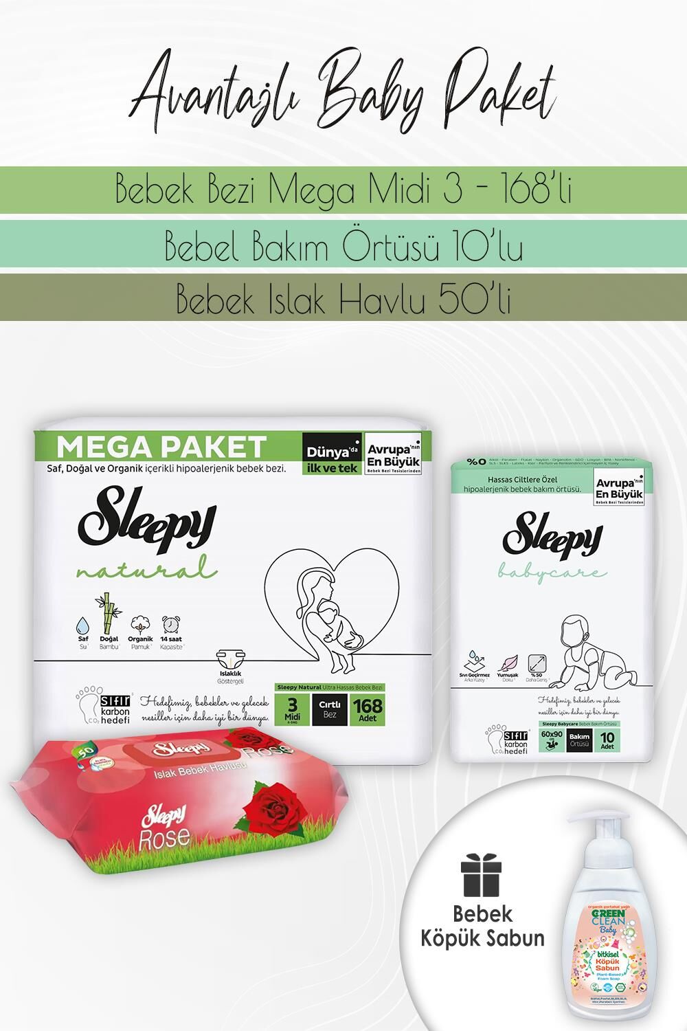 Sleepy Natural Bez 3(4-9kg) 168 Adet, Bakım Örtüsü 10'lu, Gül 50'li ve Köpük Sabun Portakal 450 ml