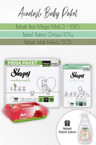 Sleepy Natural Bez 3(4-9kg) 168 Adet, Bakım Örtüsü 10'lu, Gül 50'li ve Köpük Sabun Portakal 450 ml