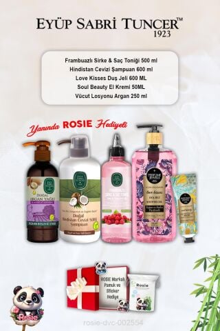 Soul Beauty Krem, Hindistan Ceviz Şampuan, Love Kisses Duş Jeli, Frambuaz Tonik, Argan Losyon ve Rosie