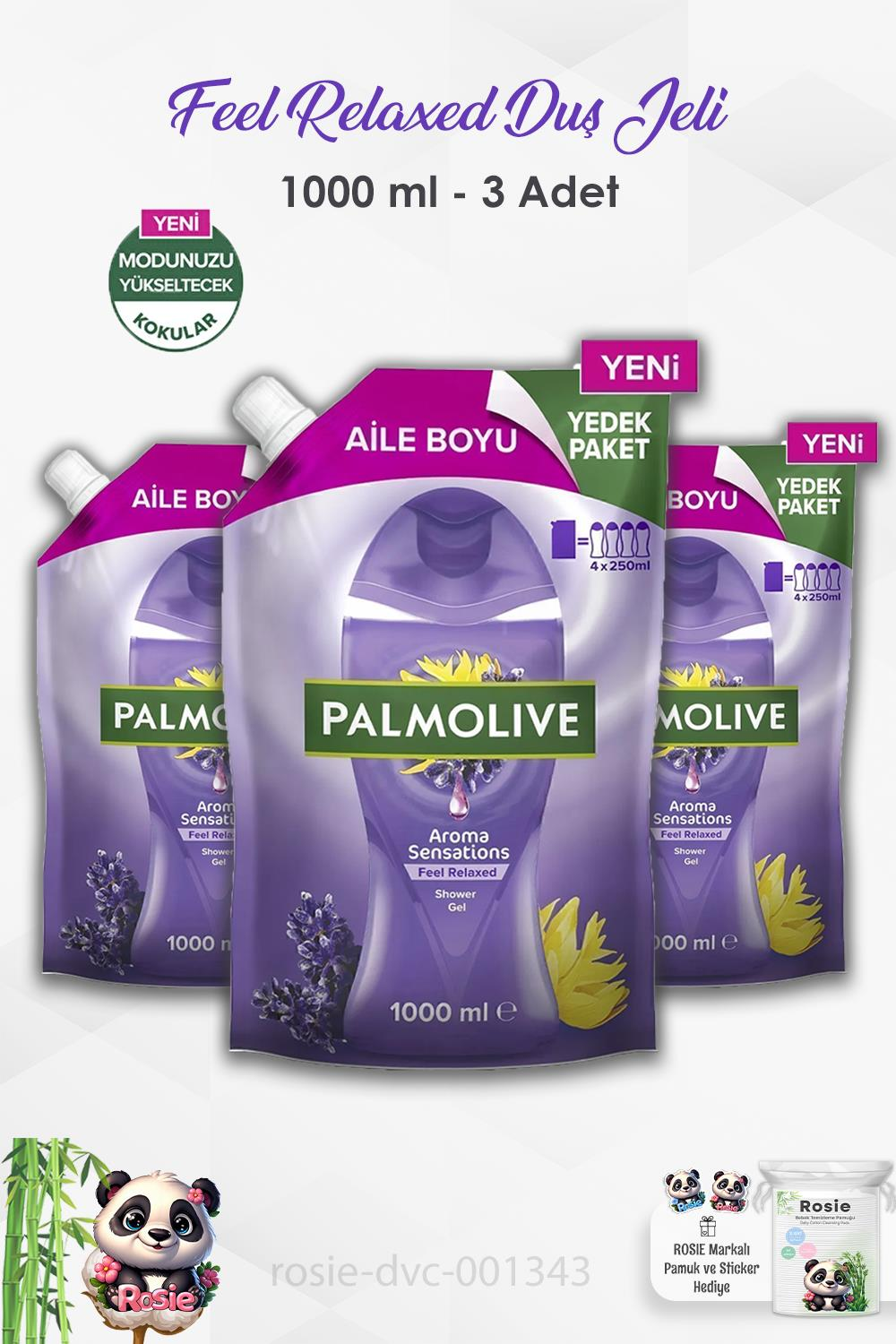 3'lü Set Palmolive Aroma Sensations Feel Relaxed Duş Jeli 1000 ml ve ROSIE