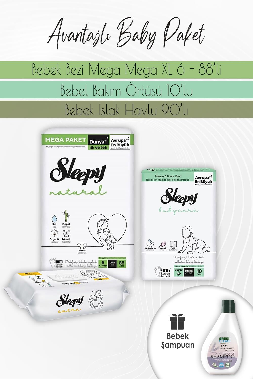 Sleepy Natural Bez 6 (15-25kg) 88 Adet, Bakım Örtüsü 10'lu, Extra 90'lı ve Baby Şampuan 275 ml