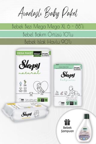 Sleepy Natural Bez 6 (15-25kg) 88 Adet, Bakım Örtüsü 10'lu, Extra 90'lı ve Baby Şampuan 275 ml