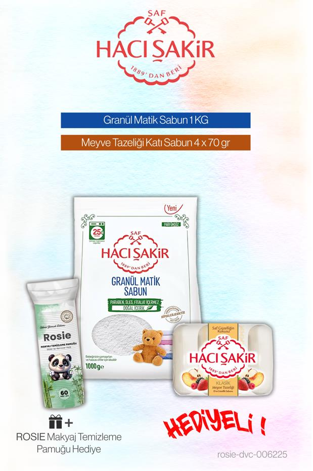 Hacı Şakir Granül Matik Deterjan 1 KG ve Meyze Tazeliği Katı Sabun 4x70 ml, Rosie Pamuk