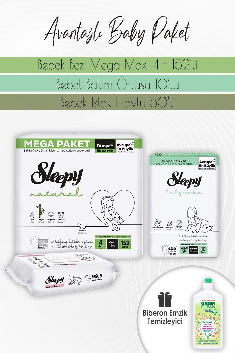 Sleepy Natural Bez 4(7-14kg) 152 Adet, Bakım Örtüsü 10'lu, Yenidoğan Devam 50'li ve Biberon Temizleyici 500 ml