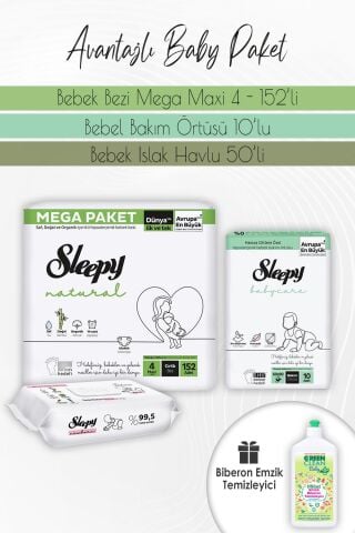Sleepy Natural Bez 4(7-14kg) 152 Adet, Bakım Örtüsü 10'lu, Yenidoğan Devam 50'li ve Biberon Temizleyici 500 ml