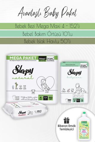 Sleepy Natural Bez 4(7-14kg) 152 Adet, Bakım Örtüsü 10'lu, Yenidoğan Devam 50'li ve Biberon Temizleyici 500 ml