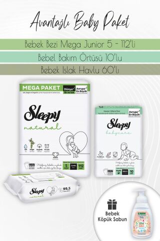 Sleepy Natural Bez 5 (11-18kg) 112 Adet, Bakım Örtüsü 10'lu, Natural Yenidoğan 60'lı ve Baby Köpük Sabun 450 ml